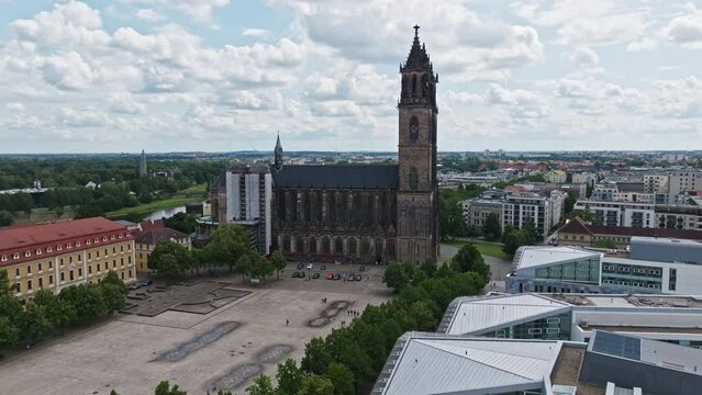 Aerial drone view of Magdeburg Cathedral (Dom zu Magdeburg) in Magdeburg, Saxony-Anhalt, Germany .