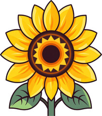 Fototapeta premium Cheerful clip art illustration of a sunflower with yellow petals and green leaves against a transparent background, ideal for various creative projects. Generative AI.