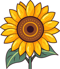 Fototapeta premium Cheerful clip art illustration of a sunflower with yellow petals and green leaves against a transparent background, ideal for various creative projects. Generative AI.