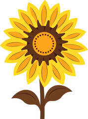 Fototapeta premium Cheerful clip art illustration of a sunflower with yellow petals and green leaves against a transparent background, ideal for various creative projects. Generative AI.