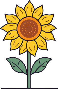 Cheerful clip art illustration of a sunflower with yellow petals and green leaves against a transparent background, ideal for various creative projects. Generative AI.