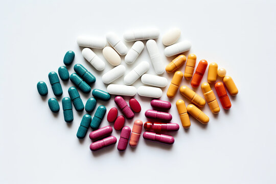 Many different of colored pharmaceutical tablets, pills, capsules, vitamins, on a white background, top view, AI Generation