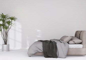 bed with white wall background Scandinavian interior. Empty white wall,