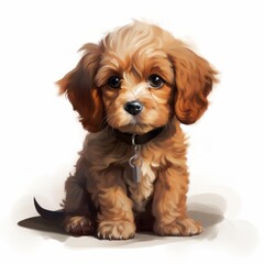 Hand drawn watercolor of puppy of Cavalier King Charles Spaniel on white background illustration.