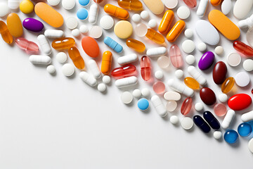 Many different of colored pharmaceutical tablets, pills, capsules, vitamins, on a white background, top view, AI Generation