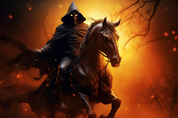 Obraz na płótnie Canvas A spooky monster horseman with Halloween pumpkin riding horse