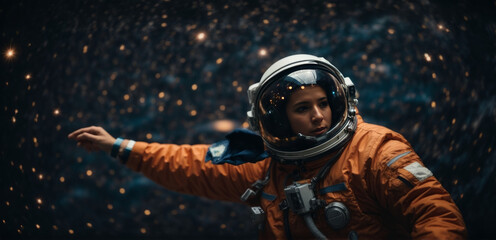 Woman cosmonaut  floating in the vastness of the cosmos, surrounded by the majestic beauty of the night sky. The incredible beauty of the vast expanses of space and an astronaut in a spacesuit.  - 632213018