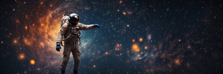 An astronaut in a spacesuit on a blue - orange background of colorful stars and galaxies. The boundless beauty of outer space and the cosmonaut.