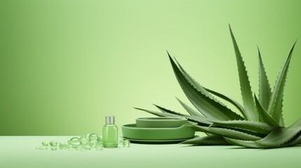 Aloe vera plant with aloe cosmetic products  on a green background