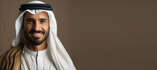 Portrait of arabian man with traditional clothes on brown background