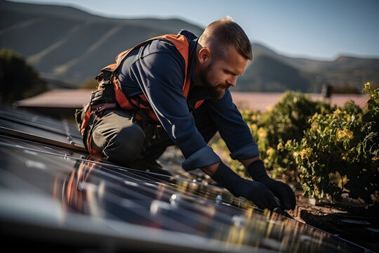 Solar power engineer installing solar panels, on the roof, electrical technician at work, alternative renewable green energy, full shot 