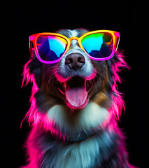Cute astro dog in neon rainbow color lights over black background.	