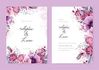 Pink white and violet modern wedding invitation card with flora and flower