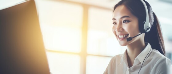 call center women smiled working and providing service with courtesy and attention front of laptop with lens flare and dept of field bokeh in modern white office,  Generative AI