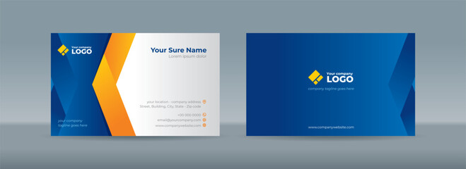 Set of double sided business card templates with simple orange folded ribbons on blue and white background