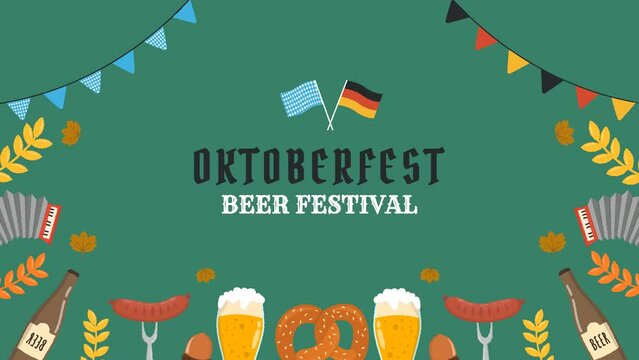 oktoberfest celebration Background Animation. A mug of beer, a bottle of beer, a pretzel, a sausage. 