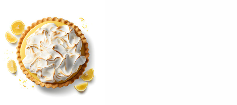 summer time lemon meringue pie with lemon slice isolated on a white background with copy space