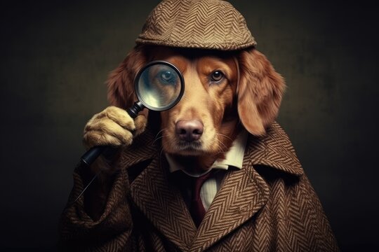 Funny dog detective with  glass and coat on dark background, ai generative