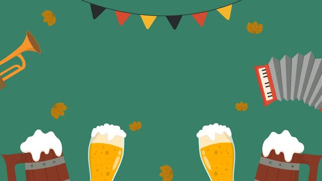 oktoberfest celebration Background Animation. A mug of beer, a bottle of beer, a pretzel, a sausage. 