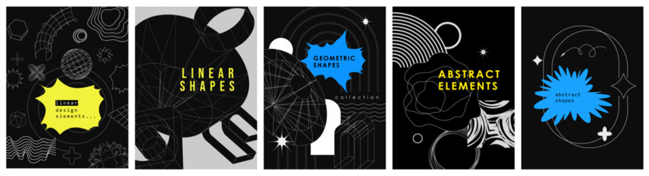 Trendy geometric set of posters. Simple shapes forms and frames inspired brutalism, abstract bauhaus and boho cosmic style