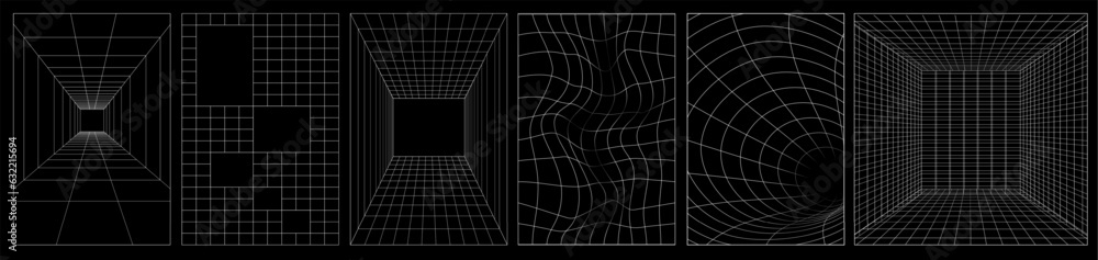 Poster set of distorted vertical grid pattern, flower text pattern. y2k retrowave shapes, geometry wirefram
