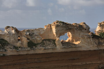 Detailed view-Razorback stack seen from its lookout on the Geology Walk around Loch Ard Gorge area....