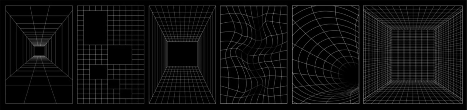Set of distorted vertical grid pattern, flower text pattern. Y2K Retrowave shapes, geometry wireframe grid backgrounds in neon white color.