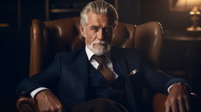 Elegant senior man seated on an armchair. Generative AI