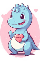Fototapeta premium Cute cartoon baby dinosaur holding a heart. Postcard. Valentine's Day. Generative AI