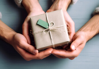 Zero waste, Christmas eco-friendly gift wrapping style in hand, environmental gift wrapping concept, eco friendly banner