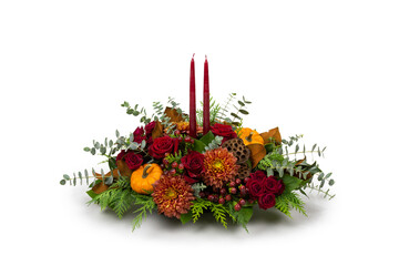 Autumn Fall Floral flower arrangement - Roses Mums in Glass Vase - Table arrangement red candles isolated on white background - Florist, Small Business, Retail