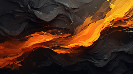 Abstract art in black with bright orange details in its wavy liquid. Flows randomly in the horizontal direction.
