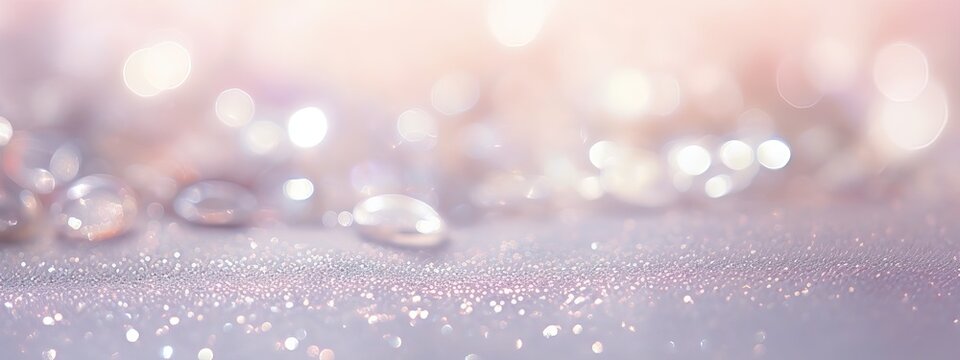 Beautiful festive background image with sparkles and bokeh in pastel pearl and silver colors. Selective focus, shallow depth of field