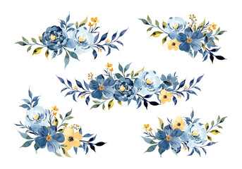 Watercolor yellow blue flower bouquet collection