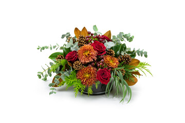 Autumn Fall Floral flower arrangement - Roses chrysanthemum in Glass Vase - Table arrangement isolated on white background - Florist, Small Business, Retail