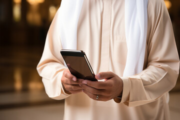Close-up of Muslim man using mobile smart phone in the mosque