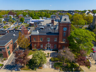 Melrose City Hall aerial view at 562 Main Street in historic city center of Melrose, Massachusetts MA, USA. 