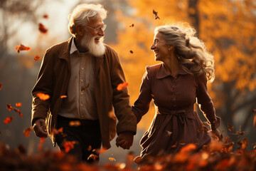 Happy senior couple in autumn park Generative AI
