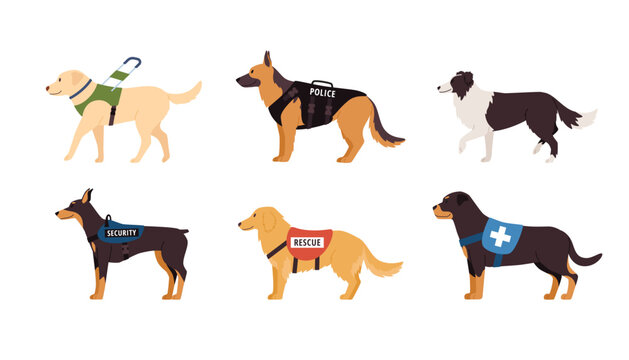 Various assistance and working dogs set, flat vector illustration isolated on white background.