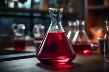 laboratory glassware with red liquid