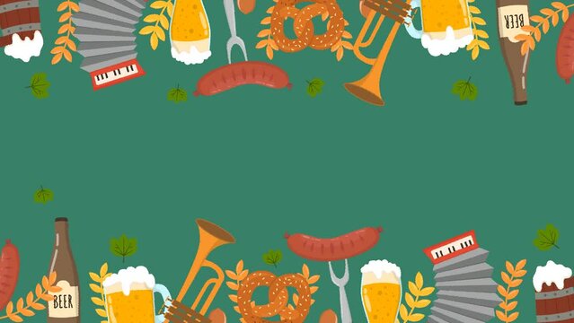 oktoberfest celebration Background Animation. A mug of beer, a bottle of beer, a pretzel, a sausage. 