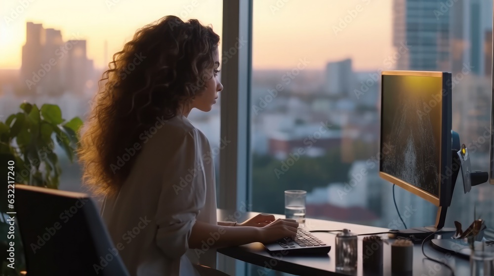 Poster back view of young female data scientist typing on desktop computer in bright and diverse corporate 