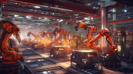 Car Factory 3D Concept: Automated Robot Arm Assembly Line Manufacturing High-Tech Green Energy Electric Vehicles. 