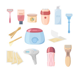 Obraz premium Hair removal tools and cosmetics set flat vector illustration isolated on white.