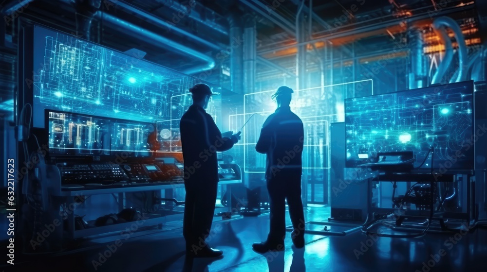 Aufkleber factory digitization: two industrial engineers use tablet computer, big data statistics visualizatio