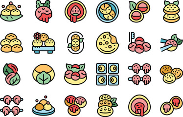 Mochi icons set outline vector. Japan food. Event menu thin line color flat on white