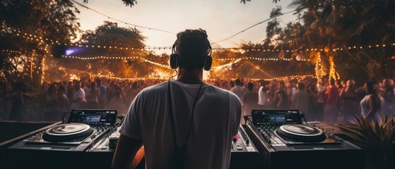 Fototapeta premium DJ performing in front of a lively crowd at a music festival. Generative AI