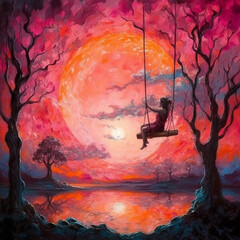 People ride on swings. romantic space background. AI illustration..