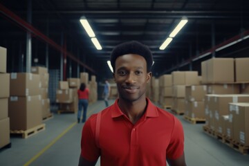 African man in red shirt in delivery service warehouse, looking at camera, Generative ai.