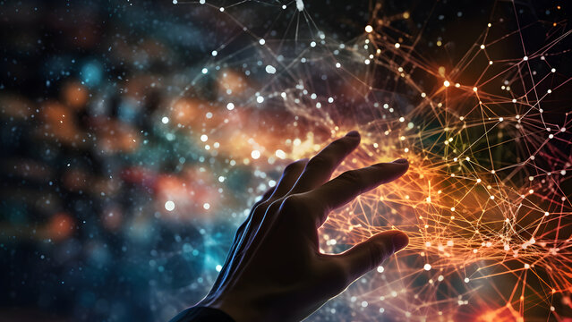 human hand touching holorgraphic network of glowing nodes, human and AI interaction conecpt, neural network generated image